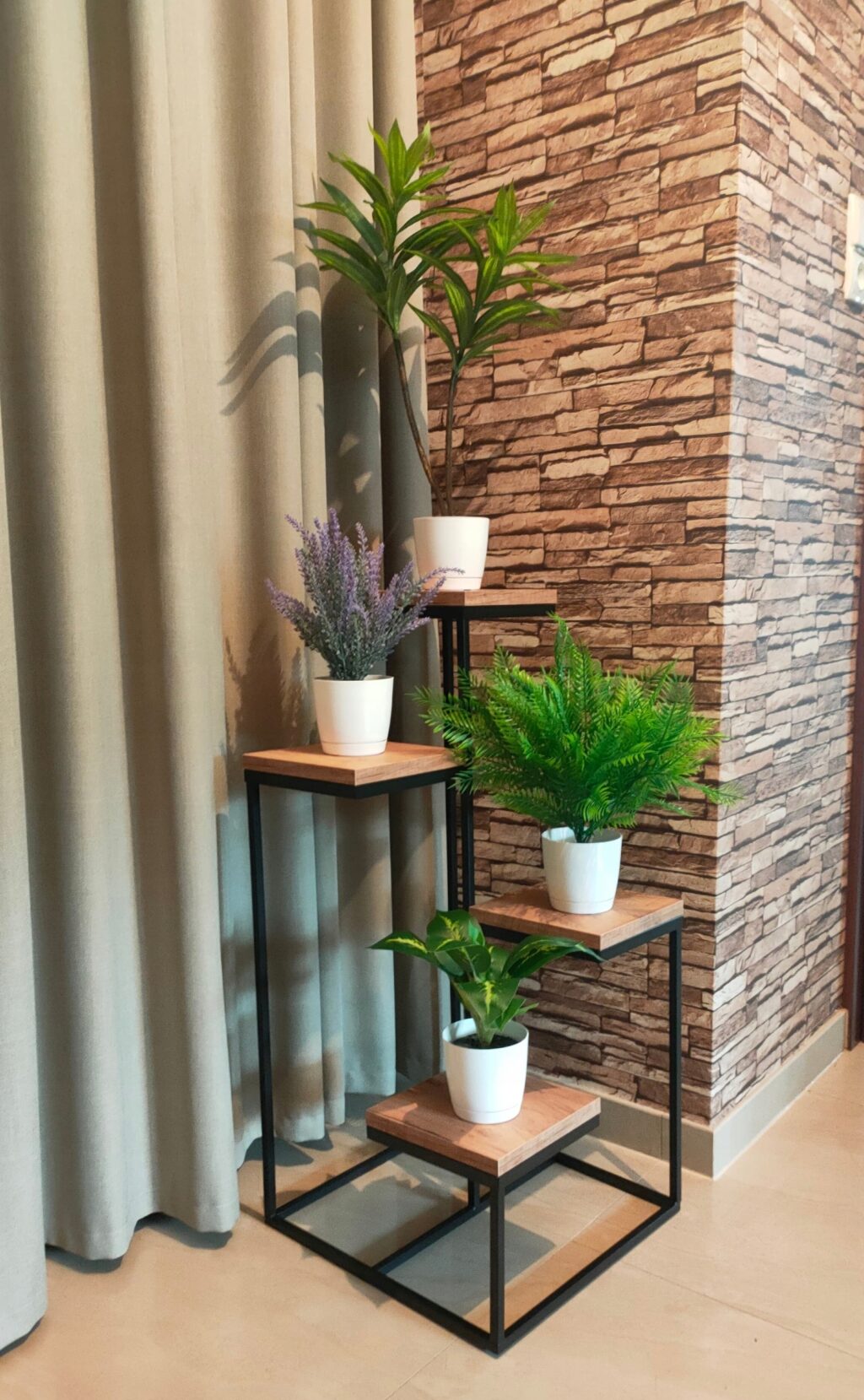 Kwietnik stojak metalowy loft 4 donicowy dąb craft - obrazek 2