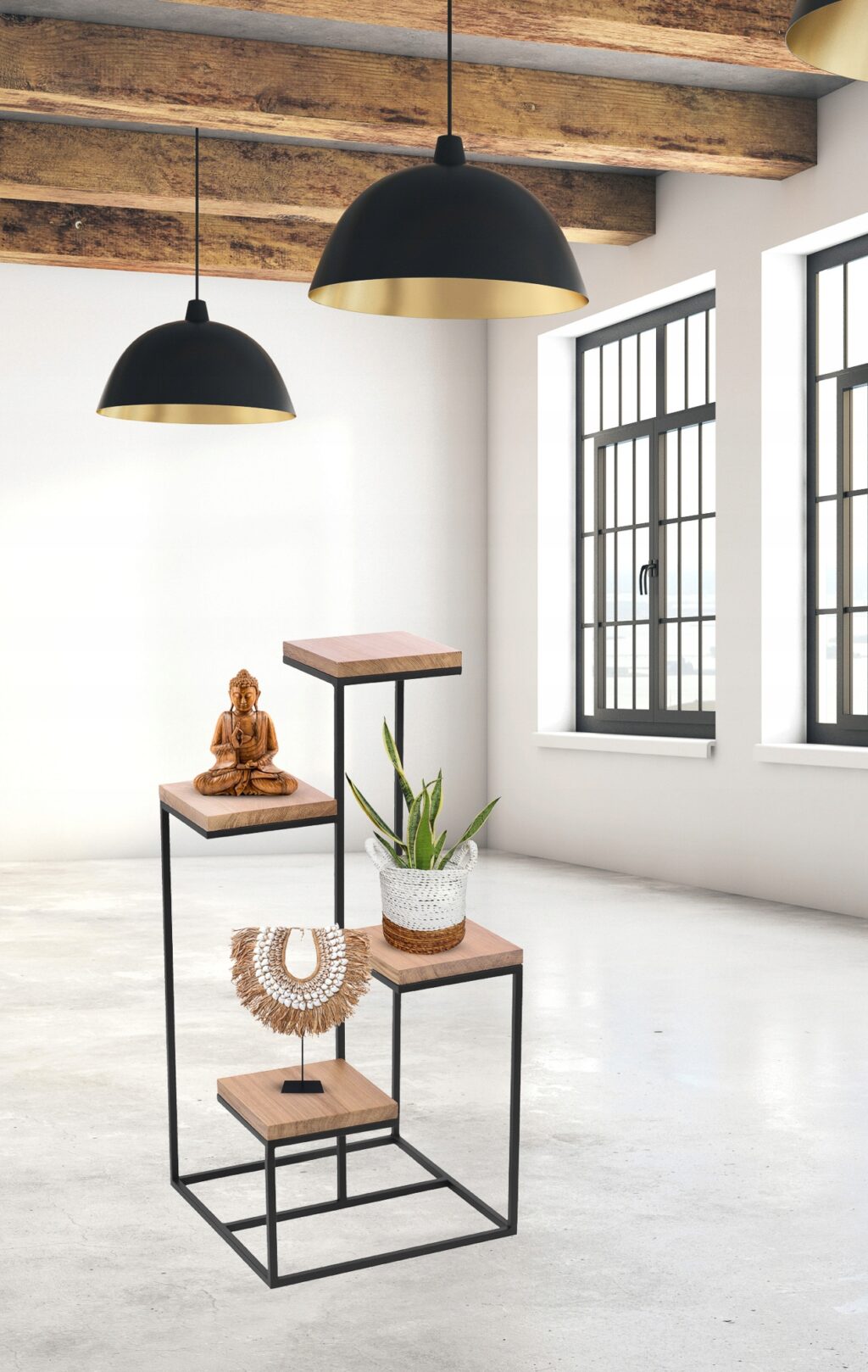 Kwietnik stojak metalowy loft 4 donicowy lity dąb - obrazek 4