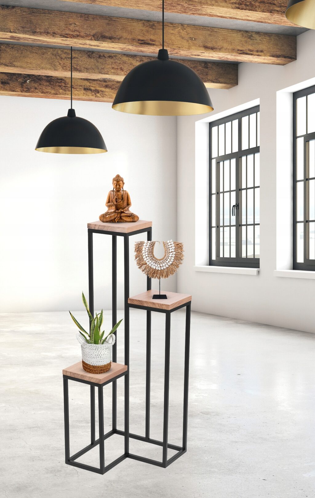 Kwietnik metal loft 3 donicowy lite drewno dąb - obrazek 4