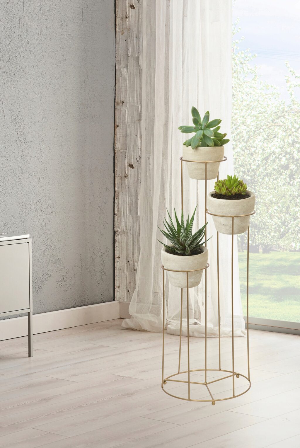 Kwietnik stojak metalowy loft złoty 3-donicowy - obrazek 2