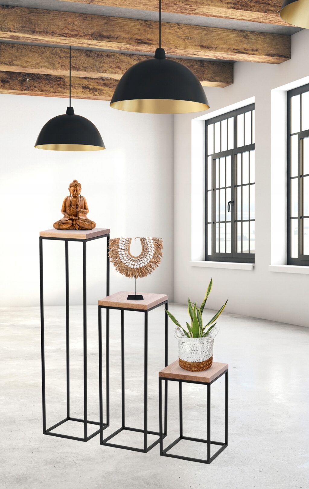 Kwietnik metalowy loft czarny 70cm lity dąb deska - obrazek 5