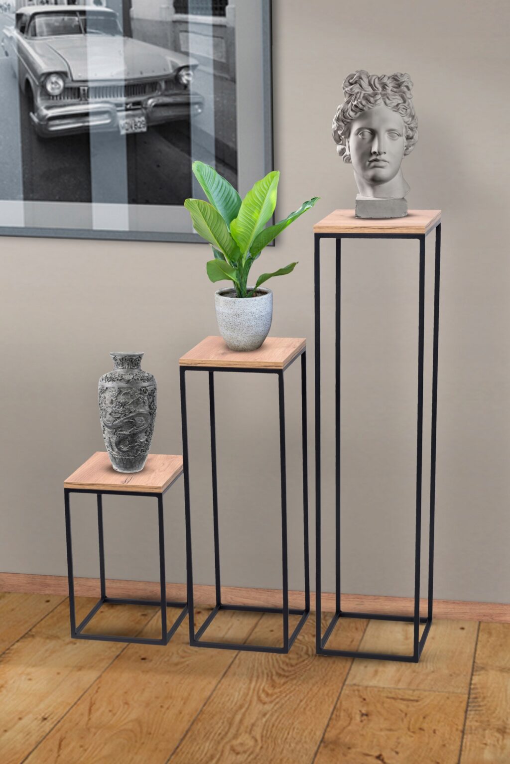 Kwietnik metalowy loft czarny blat Dąb zestaw - obrazek 2